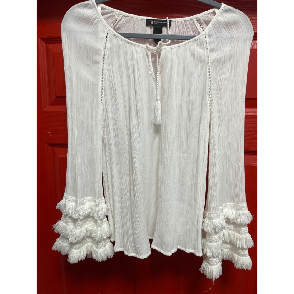 INC International Concepts Petite White Tassel Fringe Bell Sleeve Blouse PL